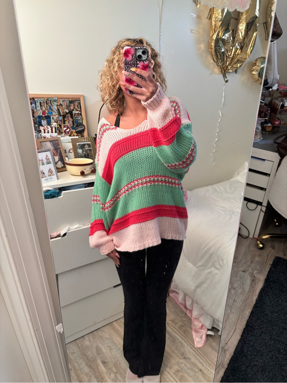 Altar'd State Pink, Green & Red Striped Off-The-Shoulder Sweater